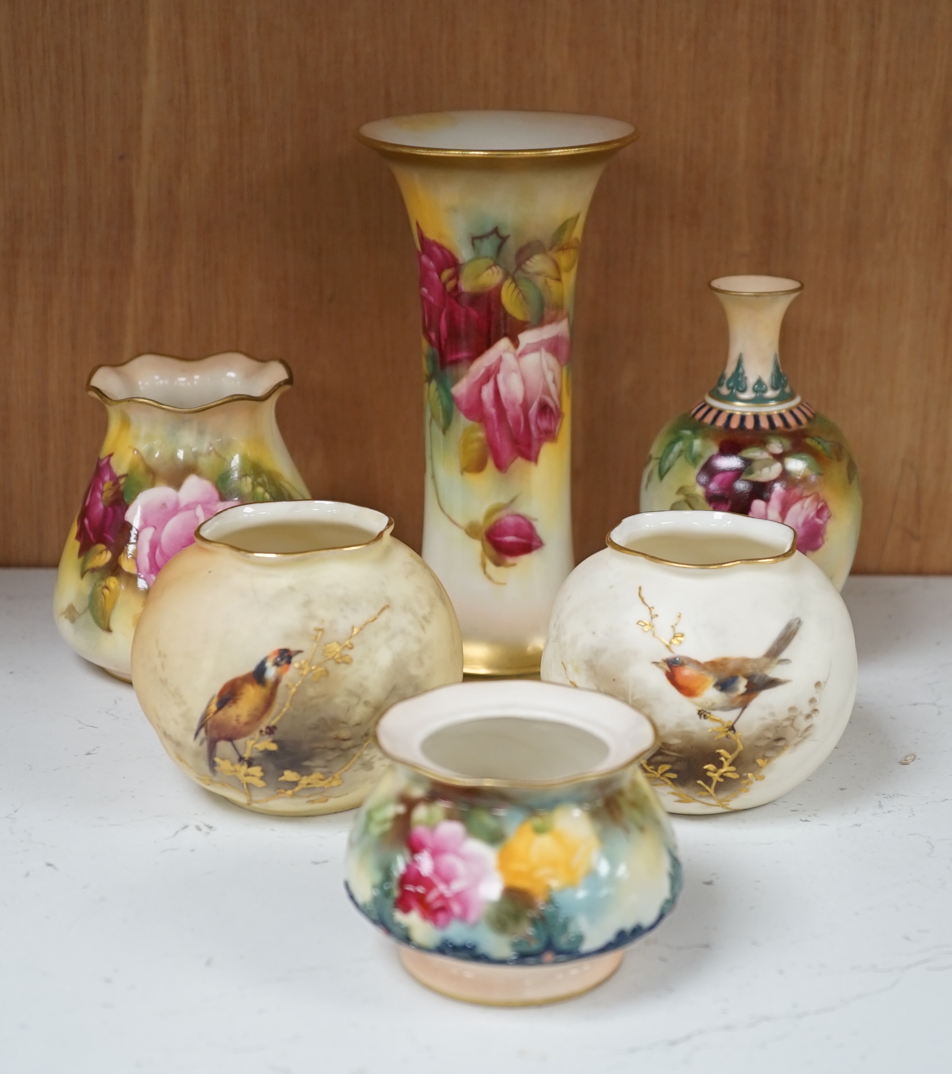 Six Royal Worcester vases, shape numbers 161, 265, 286, 957 and 923. Condition - good